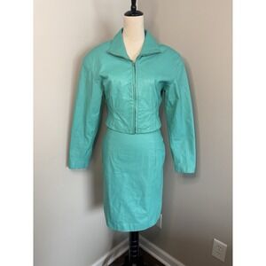 Vintage Yucatan Bay 1980's Blue Leather Skirt Suit Set Jacket Outfit 2 Pc Size 8